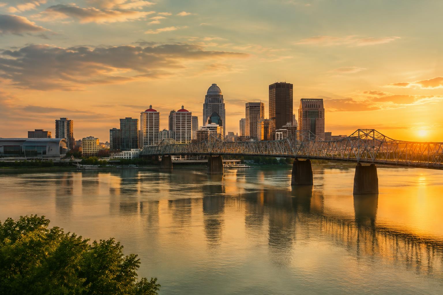The Louisville skyline over the Ohio River at golden hour